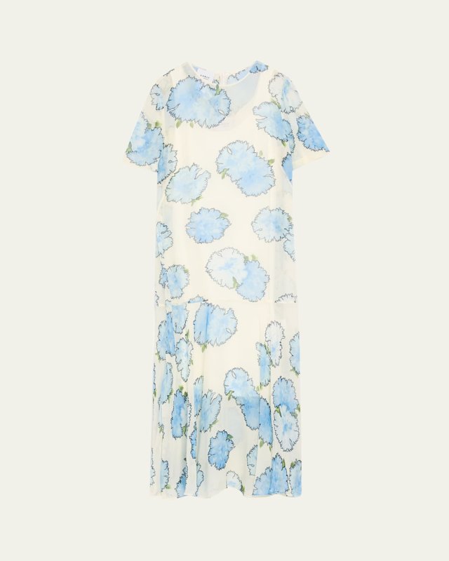 Carnation-Print Viscose Georgette Short-Sleeve Midi Dress